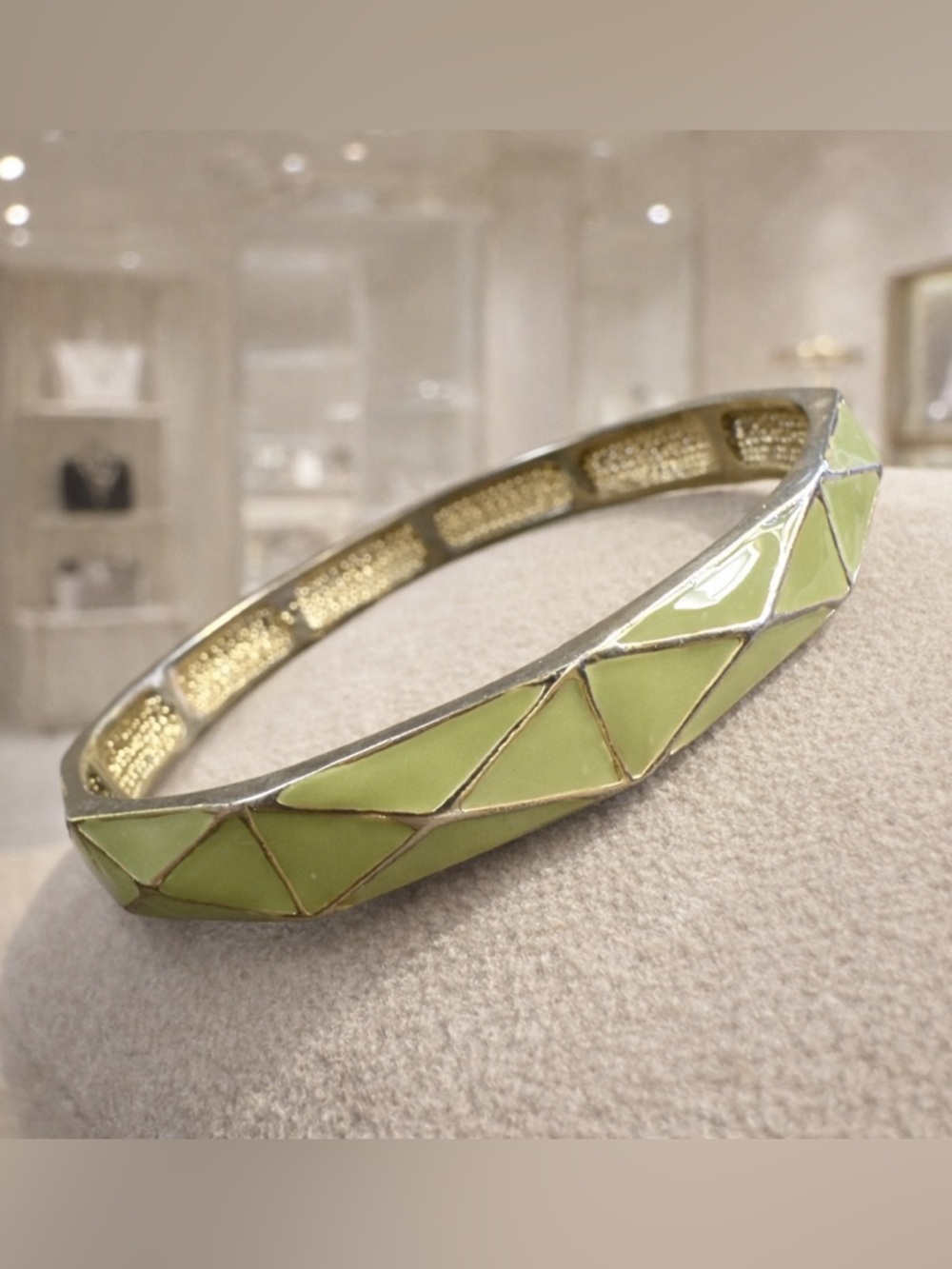 Vintage Gold Tone Green Enamel Bangle Bracelet Diamond Pattern Design